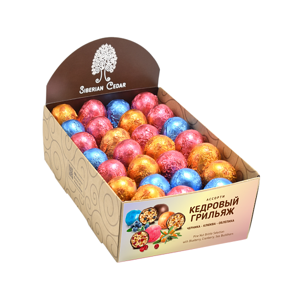 Кедровый грильяж ассорти(клюква, облепиха, черника) в шоколадной глазури 540гр шоу бокс