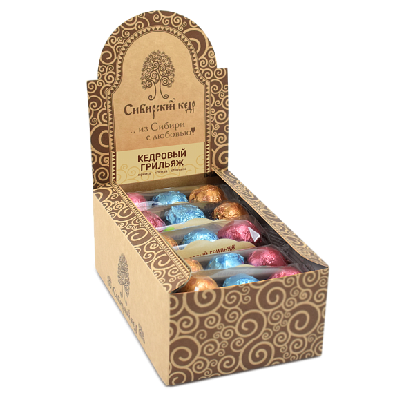 Кедровый грильяж ассорти(клюква, облепиха, черника) в шоколадной глазури 400 гр шоу бокс