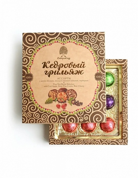 Кедровый грильяж ассорти в шоколадной глазури (шишка, яблоко, черемуха) 120 гр