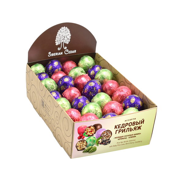 Кедровый грильяж ассорти(клюква, сосновой шишкой, черемуха) в шоколадной глазури 540 гр шоу бокс